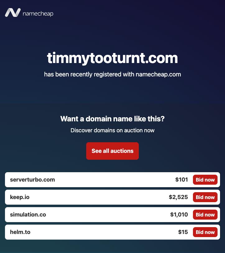 timmytooturnt.com showing a Namecheap parking page