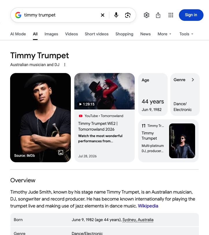 Google results for Timmy Trumpet with a knowledge panel